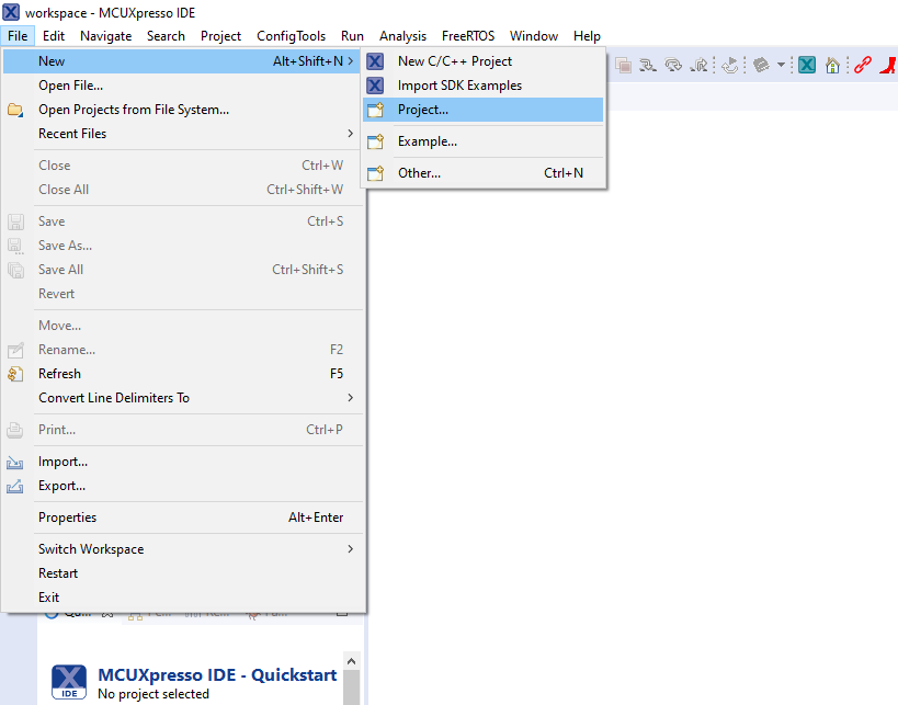 The MCUXpresso IDE's main menu bar is shown in the image. The mouse cursor hovers over the Project entry that can be found in the File menu under the new entry.
