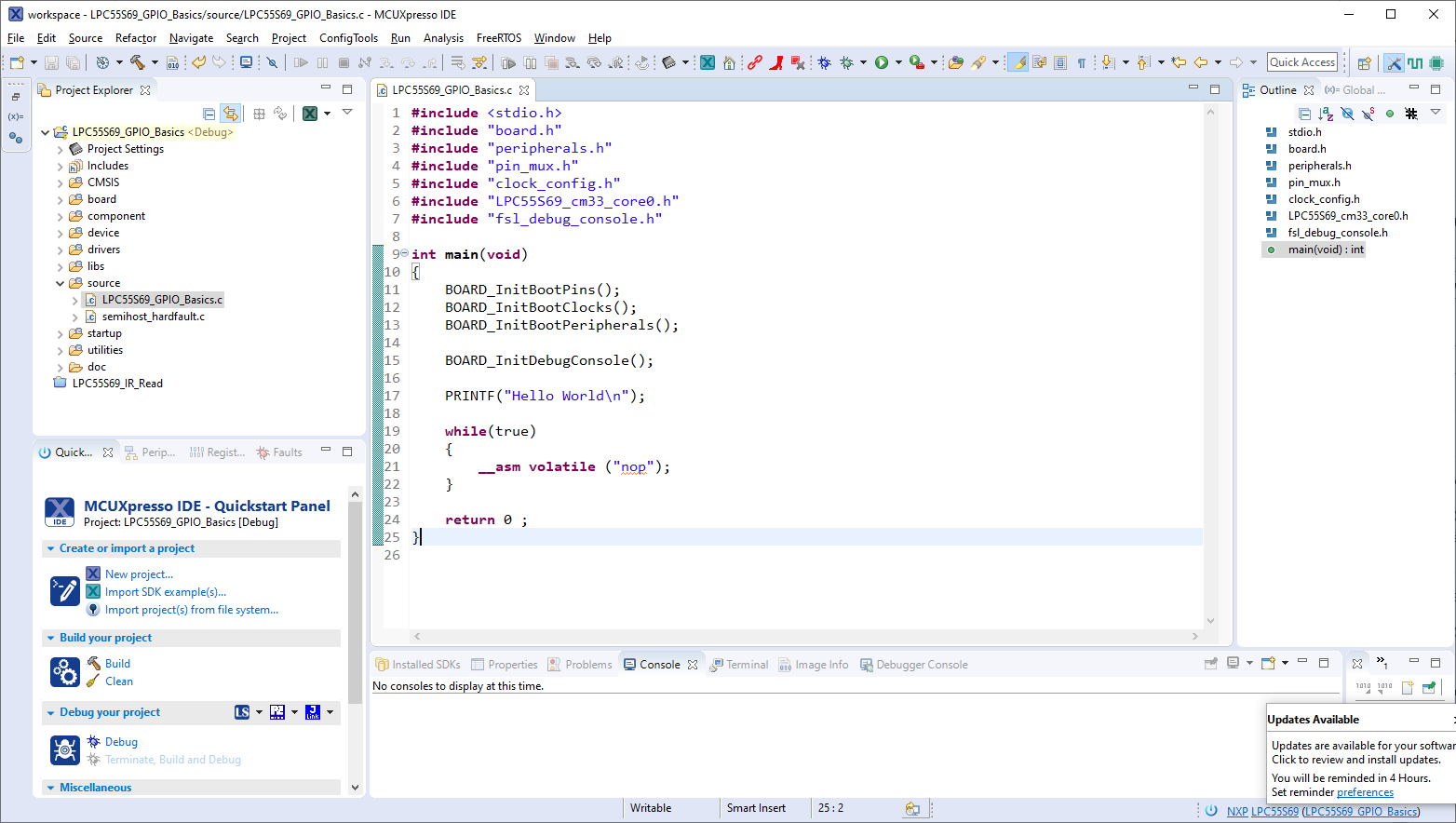 This image contains a screenshot of the IDE's main window in its default setup.