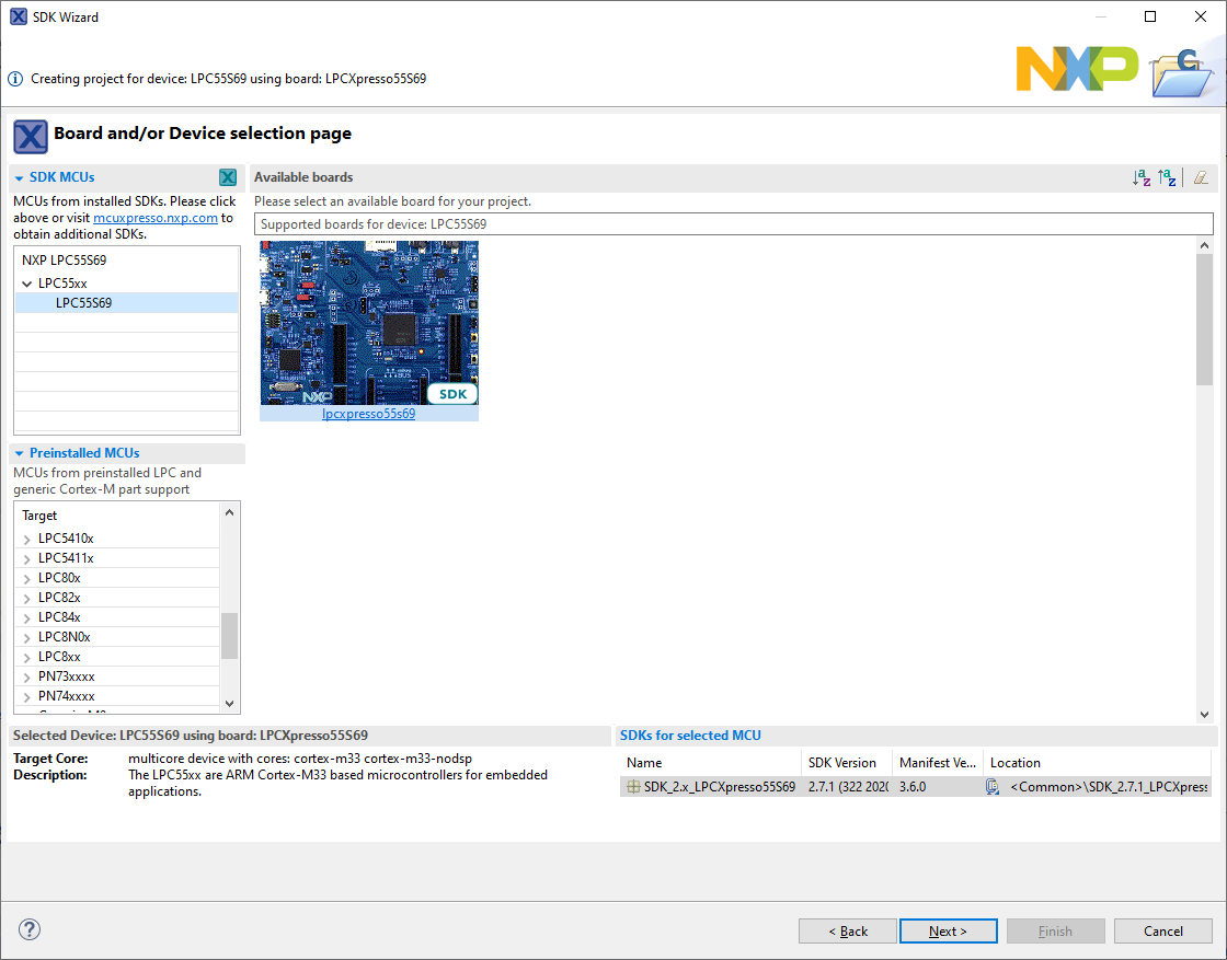 This image shows the available SDKs that one can choose from. In my installation, I only have the 55s69 SDK installed. It is selected, and the next button is highlighted.
