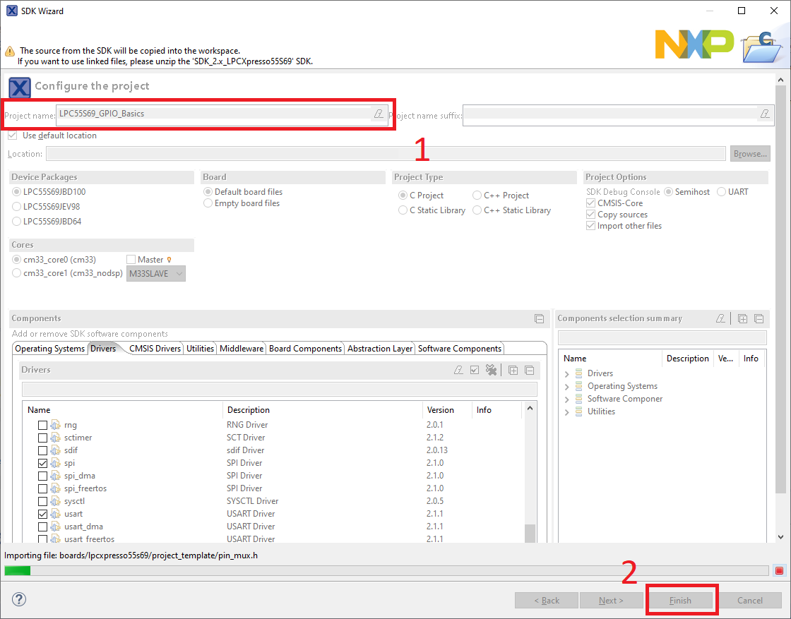 This image explains how to enter a name for the project. The project name textbox is highlighted and marked with a one. The next button is marked with a two.