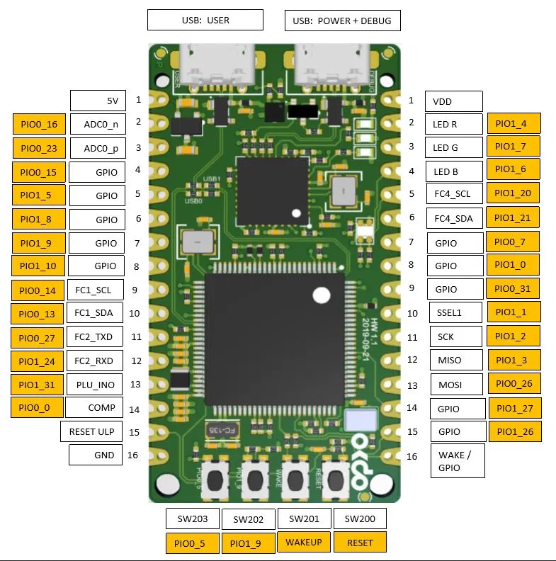 The pinout of the Okdo E1. PIO1_9 is located on the bottom edge of the image.