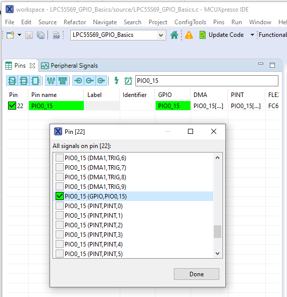Once the user clicked the grey checkbox and selected a function for the pin, said checkbox turns green. Furthermore, the image also shows that the pin name is now also highlighted in green.