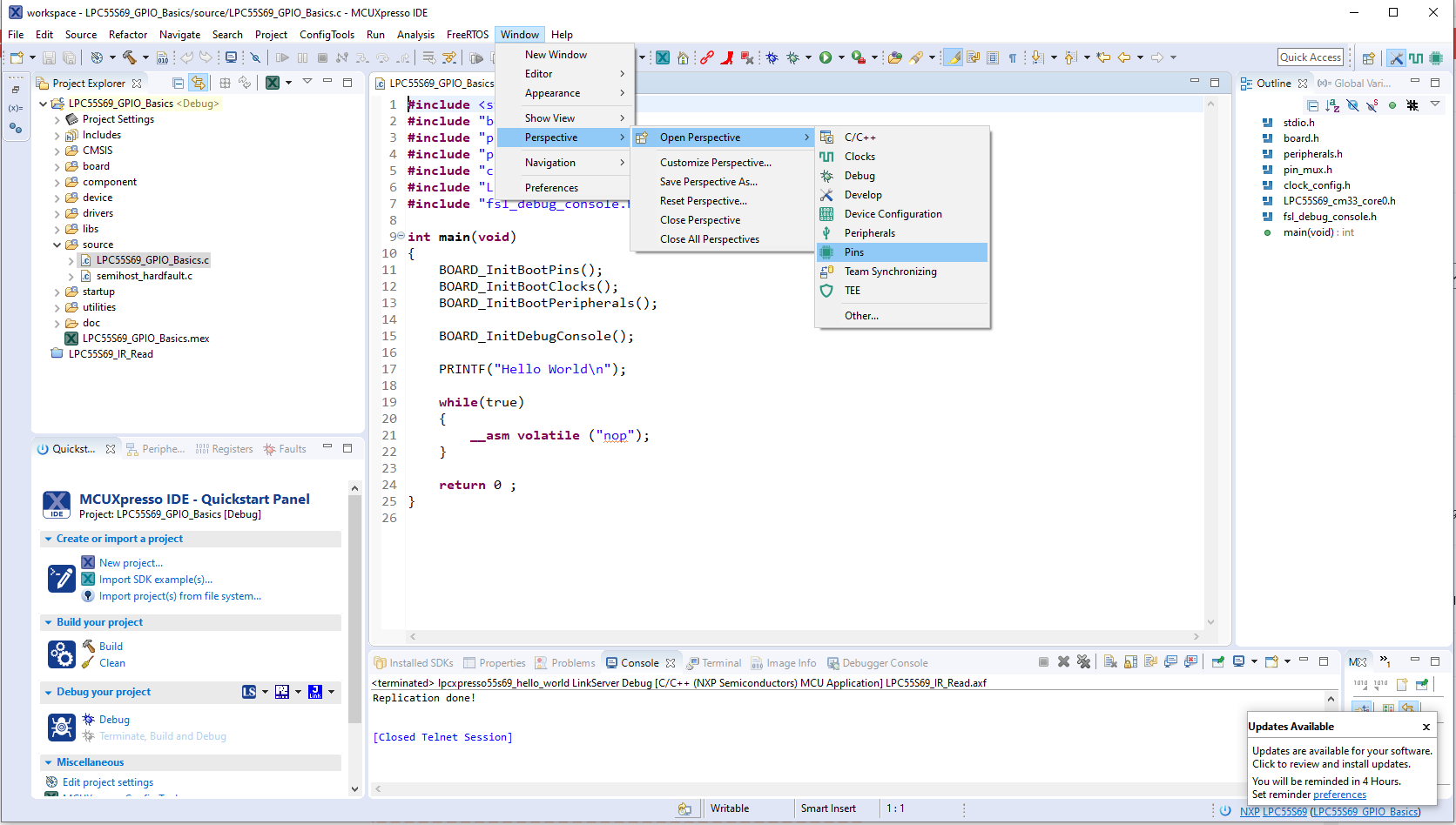 This image shows the IDE's main window with the pins menu item highlighted.