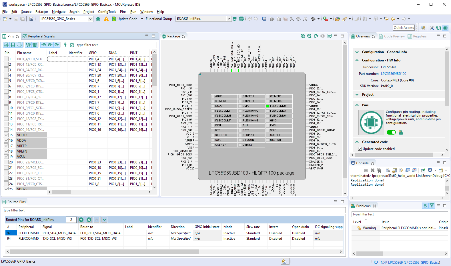 This image is an overview of the pins tool. On the left-hand side, there is a list of available pins. The center area displays the MCU. The bottom half of the image contains a list of already routed pins.