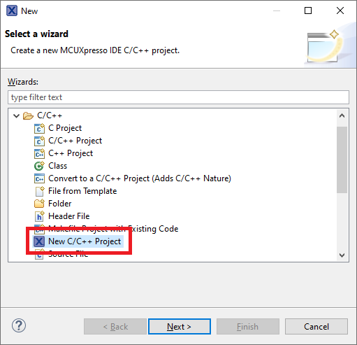 The image highlights that it's important to select the New C/C++ Project entry in the pop-up window instead of the C/C++ Project entry.