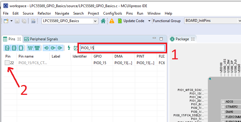 This image illustrates how a user can search for a pin in the pins tool. Then, the grey checkbox next to the search result is highlighted with an arrow.