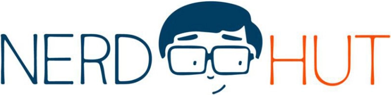 Website logo consisting of the page's title (nerd hut) with the mascot (a smiley-face with large, square glasses) between the words.